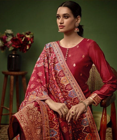 Red Festive Collection Of Jacquard Silk Dress Material