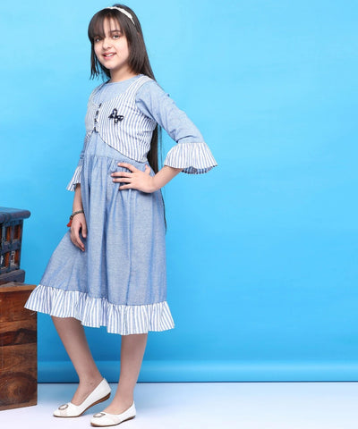 Sky Blue Colour Cotton Below Knee Casual Dress For Girls