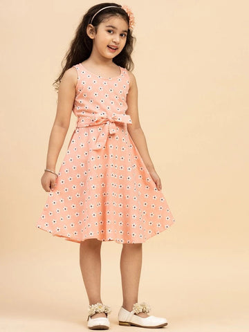 Peach Colour Polyester Girls Casual Dress