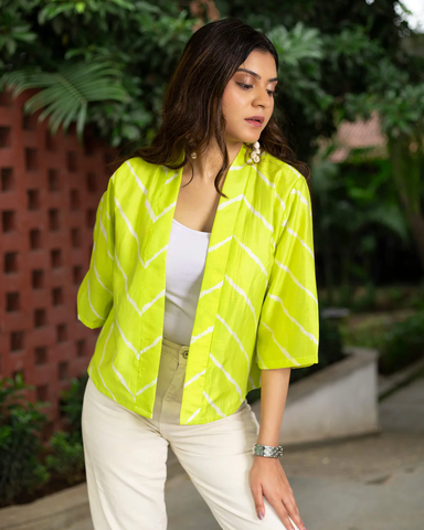 Parrot Green Colour Leheriya Printed Viscose Jacket For Women's
