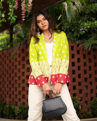 Green & Pink Colour Polka Dots Printed Jacket For Women's