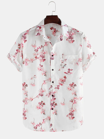 Men's Casual Wear Pink Flower Printed Cotton Shirt