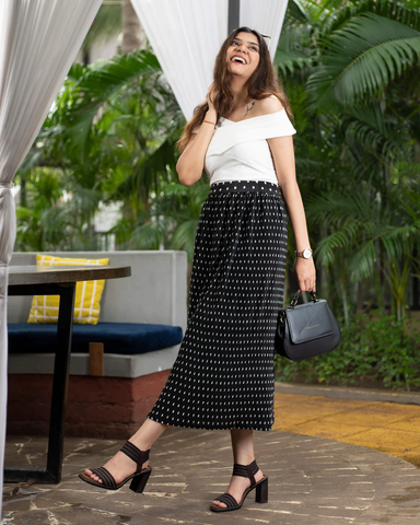 Black Colour Polka Dots Midi Skirt For Women's
