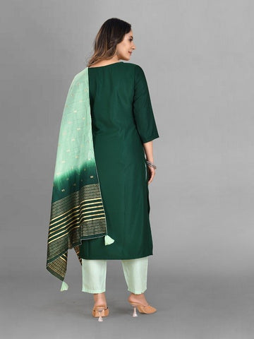 Green Party Wear Embroidery Worked Kurta With Pant And Duppata Set