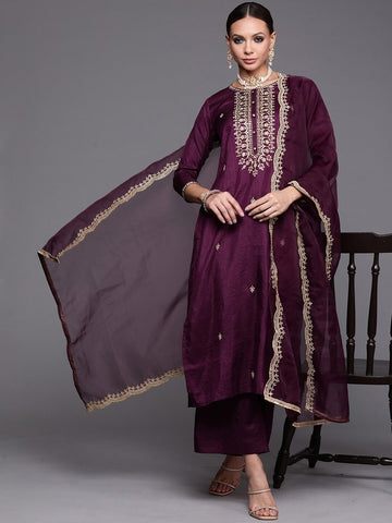 Purple Party Wear Embroidery Worked Kurta With Pant And Duppata Set