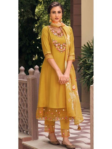 Musterd Party Wear Embroidery Worked Kurta With Pant And Duppata Set