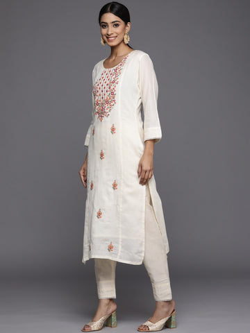 Off White Party Wear Embroidery Worked Kurta With Pant And Duppata Set