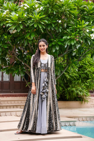 Light Gray Printed  Shrug Style Indo Western Gown For Women