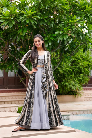 Light Gray Printed  Shrug Style Indo Western Gown For Women
